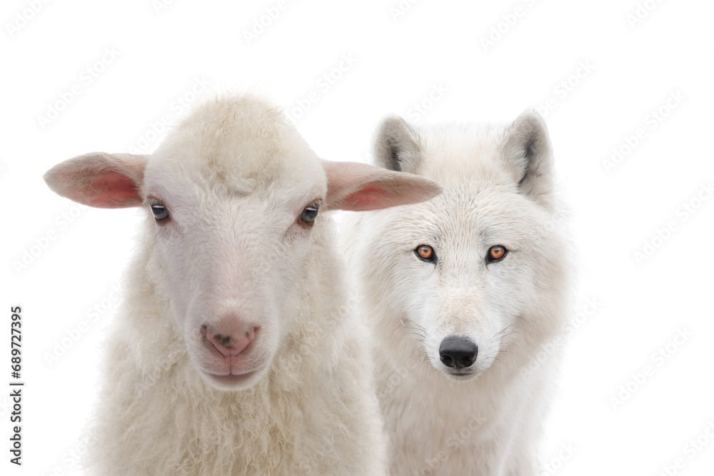 Polar white wolf and sheep isolated on white background. Polar white wolf and sheep isolated on white background.
