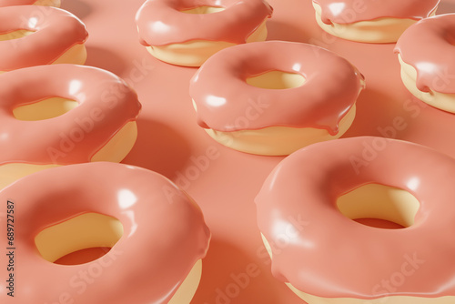 фотографія 3d render of donut pattern glazed with coral color of the year 2024 on a peach f