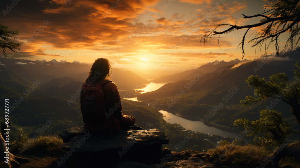 Sunrise/Sunset Silhouette: Contemplative Prayer on Mountaintop. Concept of Spiritual Connection, Serenity, and Divine Reflection