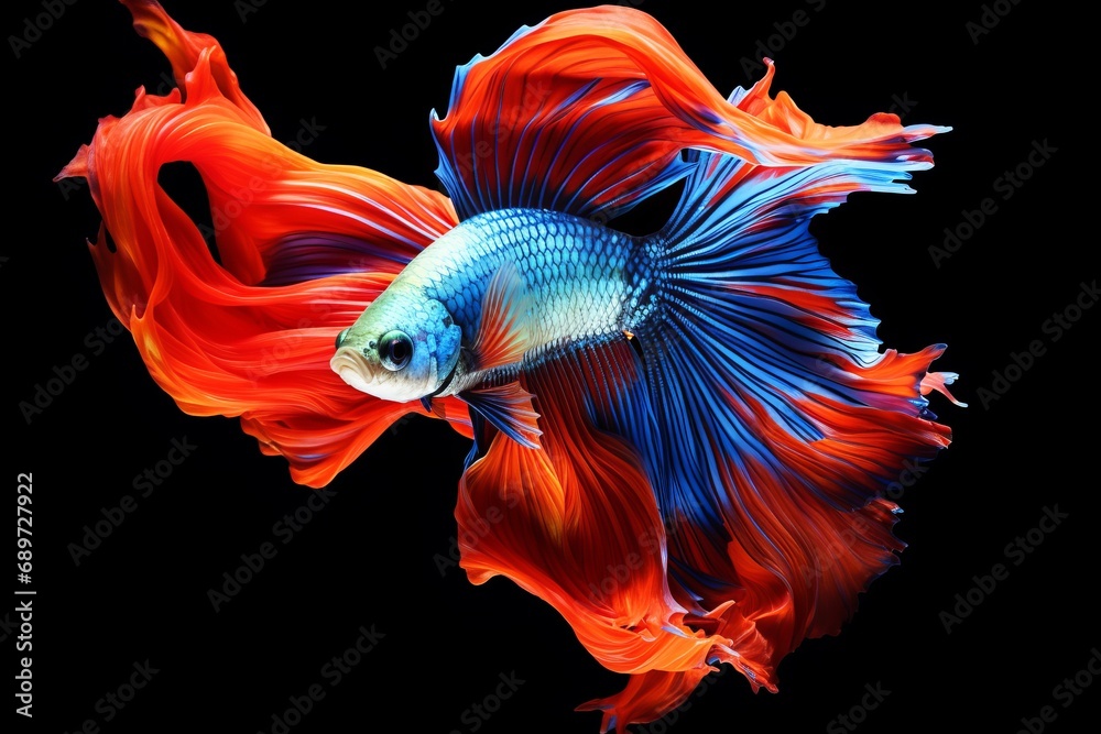 Capture the moving moment of red-blue siamese fighting fish isolated on black background. betta fish.
Capture the moving moment of red-blue siamese fighting fish isolated on black background. betta fish.