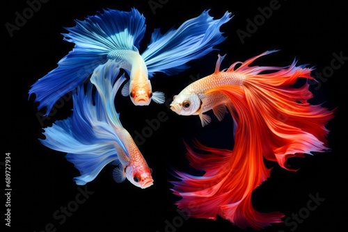 Capture the moving moment of yellow blue siamese fighting fish isolated on black background. betta fish.  © thanakrit
