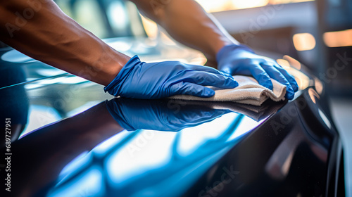 Man in gloves polishing car photo