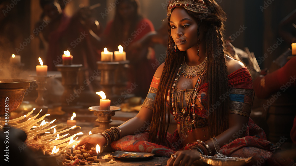 Yoruba Priestess Performing Sacred Ritual: Colorful Attire and Symbolic Artifacts.