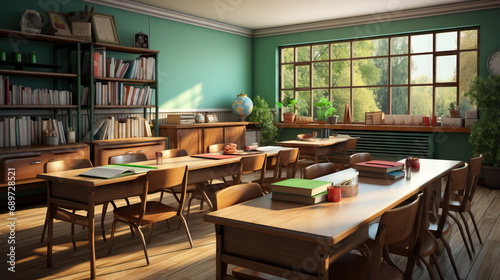 An empty classroom with desks and a blackboard, ideal for educational and learning-related concepts