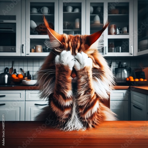 A broken cat sits at the kitchen table. The redheaded Maine coon makes a facepalm gesture. Meme cat illustration. Digital art. photo