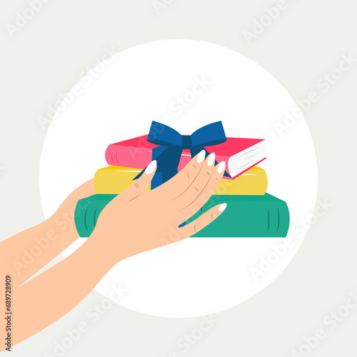 Hands hold a stack of books tied with a bow. The concept of a gift suitable for any holiday. A new book is the best present. Flat vector illustration