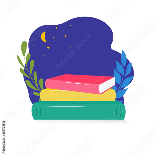 Bright books with trendy leaves on a white background.Book festival. Design for postcard or advertising poster. vector illustration