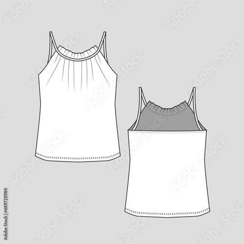 Camisole pleated  fashion top neck pleat detail  tank cami clothing fashion flat sketch technical drawing template design vector