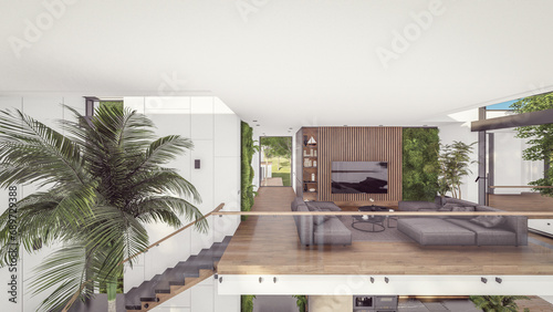 3d rendering of expensive cozy interior with green walls with living dining zone stair and kitchen for sale or rent. Spacious apartments with expensive furniture, equipment and flowers photo