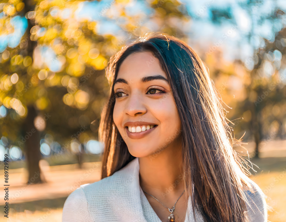 woman smiling in a beautiful park in autumn, concept of fulfillment in life woman smiling in a beautiful park in autumn, concept of fulfillment in life
