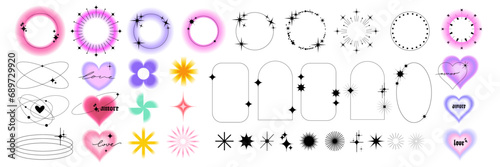 Y2k line frame set, vector blur gradient shapes, boho decorative minimal figure heart, flower, star. Minimalistic magic gradient forms, trendy groovy 2000s border kit, aura love sign. Arch y2k frame
