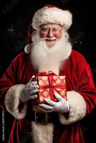 Santa Claus with a gift on a plain dark background15 photo