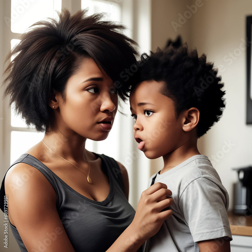 Afro-American woman reprimands son for bad behavior.  Mom and son fighting, a woman scolds her child's strict upbringing. photo