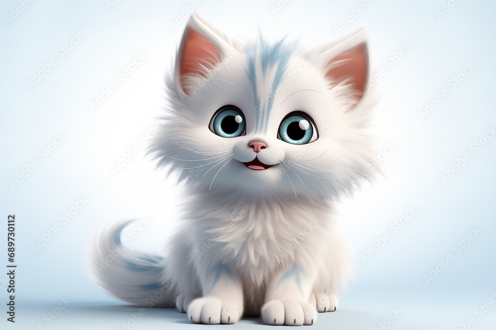 cute white kitten with blue eyes on blue background
