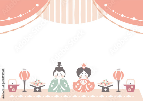 ひな祭りの背景フレーム お雛様と舞台幕（カーテン）の和風イラスト枠