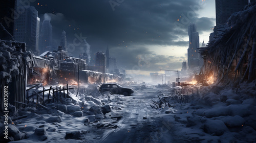 Apocalyptic landscape with an abandoned snow-covered city with fires in the distance. photo