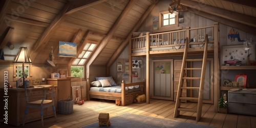 Interior of children room in traditional wooden house. Swiss chalet.