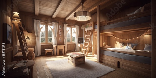 Beautiful interior of children room in traditional Swiss chalet.