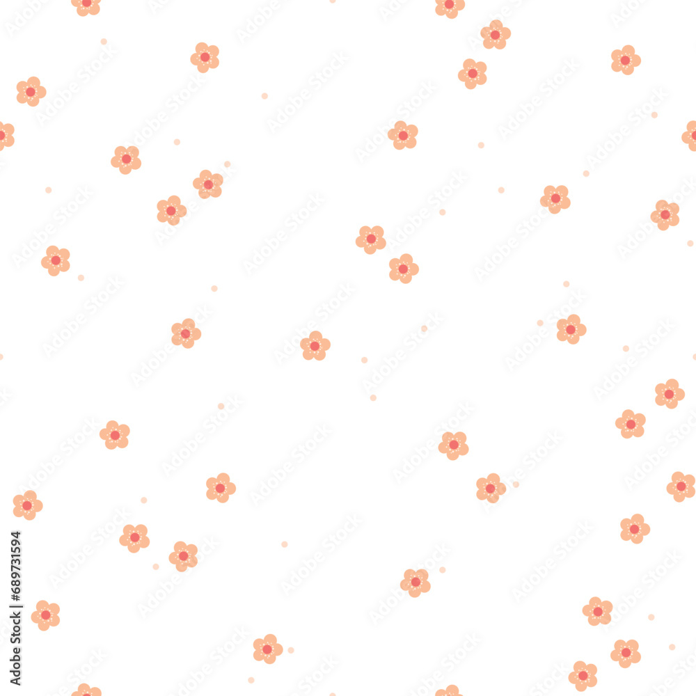 Tiny flowers seamless pattern. Cute hand drawn floral texture. Color trend 2024 Peach Fuzz. Vector background for packaging, wrapping paper, wallpaper, textile, gift, fabric, apparel, cover.