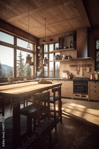Cozy interior of traditional kitchen in modern Swiss chalet © tynza