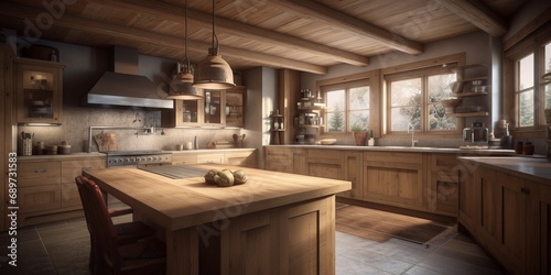 Interior of large and comfortable kitchen in modern Swiss chalet © tynza