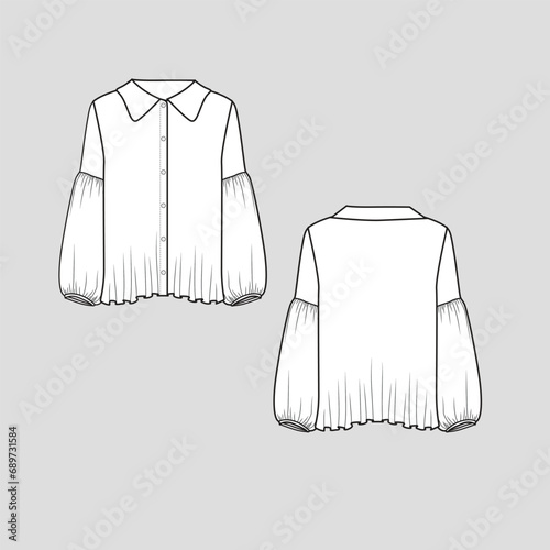 Collar Neck Lantern Sleeve top Button panel Placket long lantern sleeve with cuff Fashion clothing outline flat sketch technical drawing template design