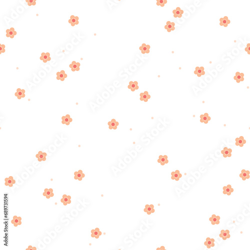 Tiny flowers seamless pattern. Cute hand drawn floral texture. Color trend 2024 Peach Fuzz. Vector background for packaging, wrapping paper, wallpaper, textile, gift, fabric, apparel, cover.