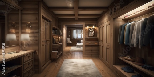 Large wardrobe interior with wooden furniture in modern Swiss chalet