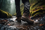 Boots on a Rain-Soaked Rocky Trail