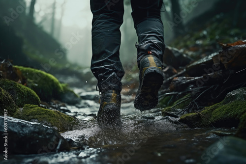 Wet Path Ascend: Hiker's Boot Journey