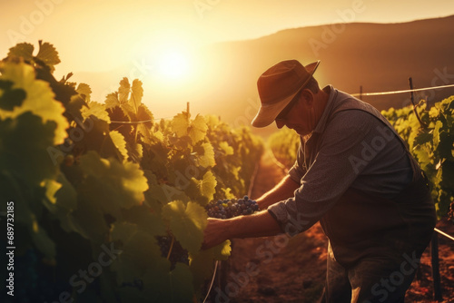 An older man harvesting grapes in his vineyard at sunset photo