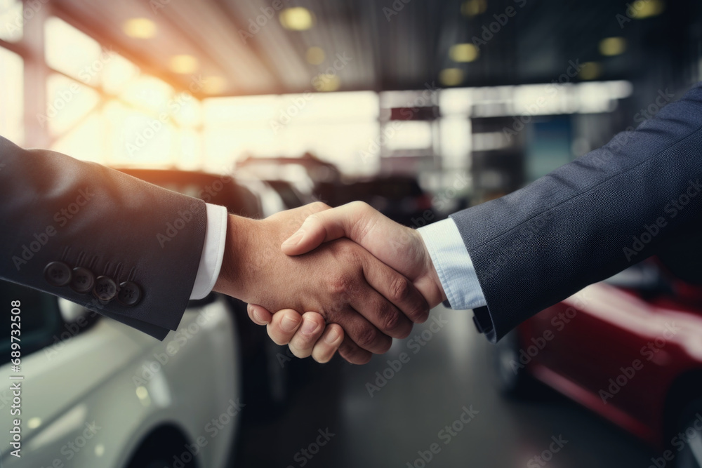 Happy customer shaking hands with sales agent after a successful car buying. Car buying concept