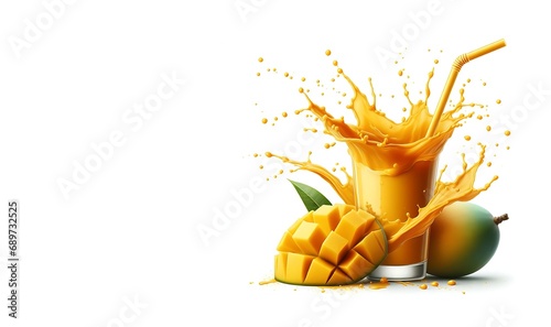 Ripe mango slice with juice splash. Healthy food or tropical fruit drink. Tasty smoothie isolated. Generative AI photo