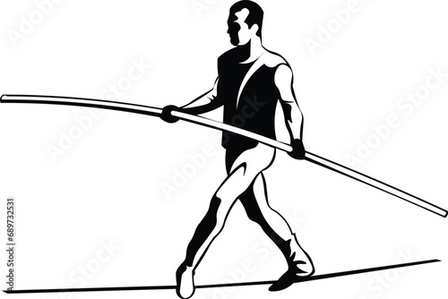 Cartoon Black and White Isolated Illustration Vector Of A Male Circus Performer Walking the Tight Rope photo