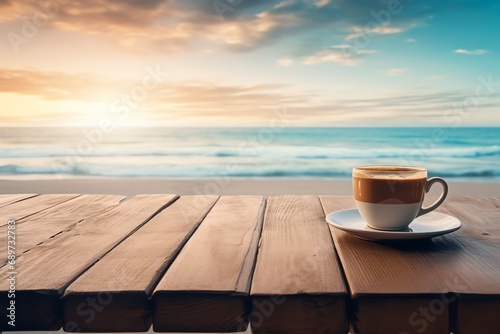 a cup of coffee on a table with a beach in the background
