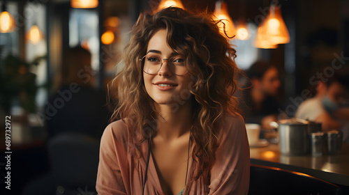 Young Woman with Glasses Savoring Coffee at a Beautiful Coffee Shop