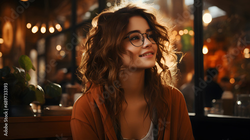 Young Woman with Glasses Savoring Coffee at a Beautiful Coffee Shop