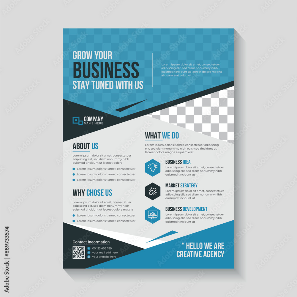 Business company flyer layout with blue accents