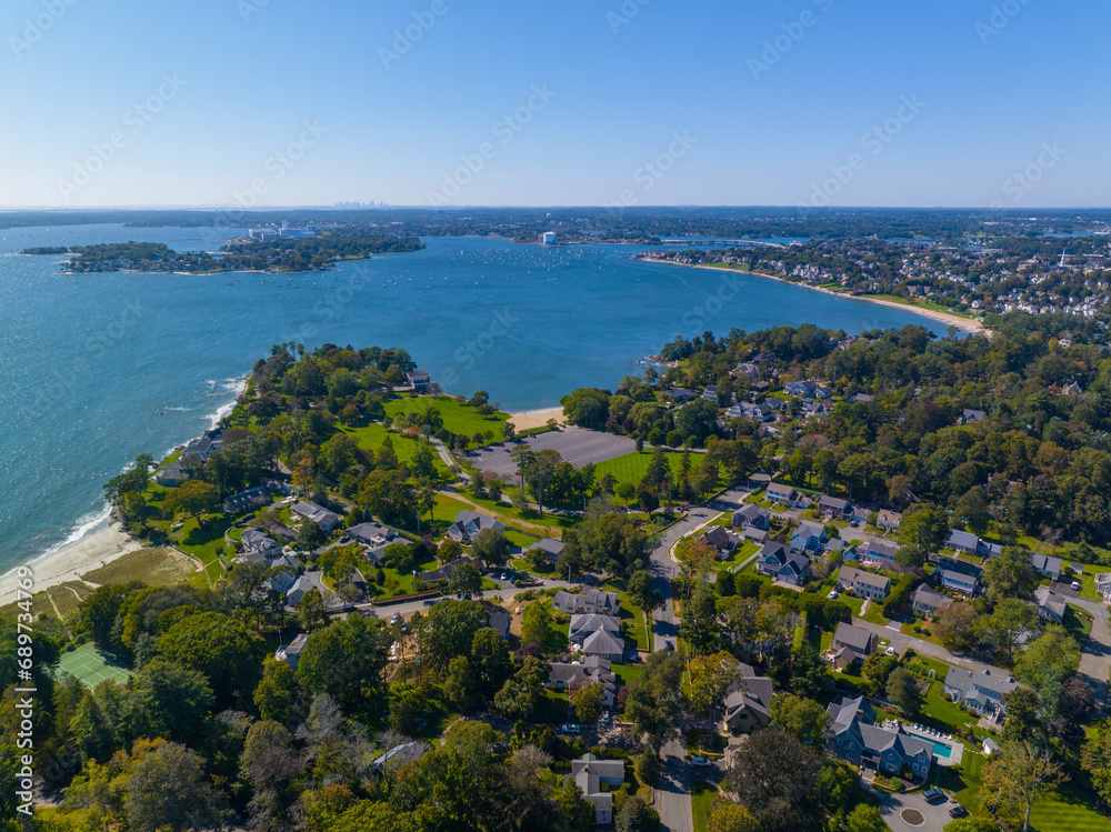 Hospital Point at David S. Lynch Memorial Park aerial view at Beverly Cove with Mackerel Cove at the background in town of Beverly, Massachusetts MA, USA. 