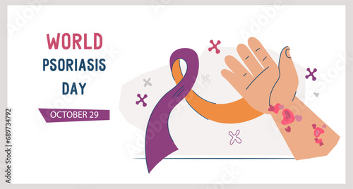 Psoriasis skin diseases awareness day banner template for website. Psoriasis treatment and support for patients, vector illustration.