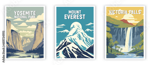 Yosemite, Mount Everest, Victoria Falls Illustration Art. Travel Poster Wall Art. Minimalist Vector art. photo