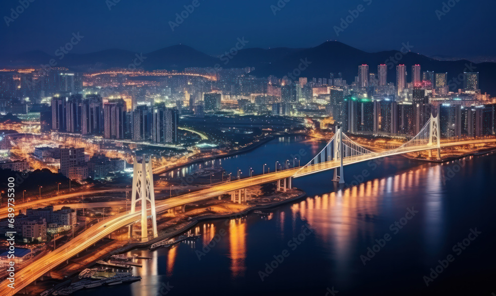 Aerial View of Busan's Gwangan Daegyo Bridge - Architectural Splendor Connecting City and Sea.