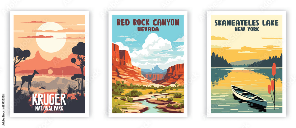 Kruger, Red Rock Canyon, Skanteles Lake Illustration Art. Travel Poster Wall Art. Minimalist Vector art.