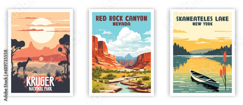 Kruger, Red Rock Canyon, Skanteles Lake Illustration Art. Travel Poster Wall Art. Minimalist Vector art. photo