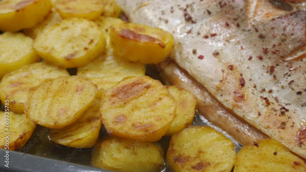 whole baked trout fish with potatoes on baking sheet in the kitchen whole baked trout fish with potatoes on baking sheet in the kitchen