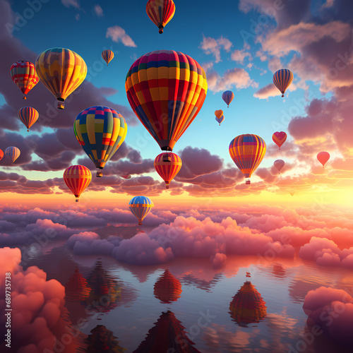 A cluster of hot air balloons drifting against a vibrant sunset sky.