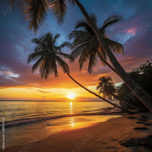 Lilting palm trees on a tropical beach at sunset