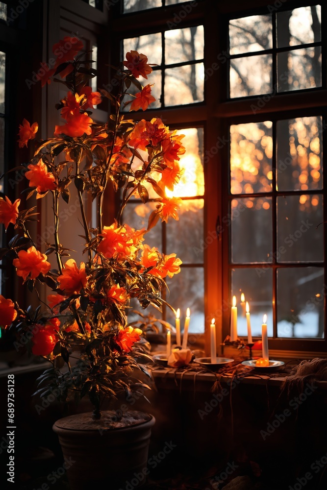 flowers in flowerpot and candles on windowsill, decoration for New Year's holidays, winter season flowers in flowerpot and candles on windowsill, decoration for New Year's holidays, winter season