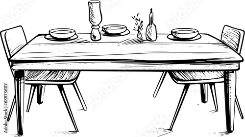 House Furniture Dining Table Vintage Outline Icon In Hand-drawn Style