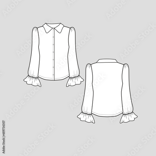 Collar neck top  full open button panel Long puff sleeve Elastic gathering ruffles frill Sleeve hem Fashion clothing outline flat sketch technical drawing template design